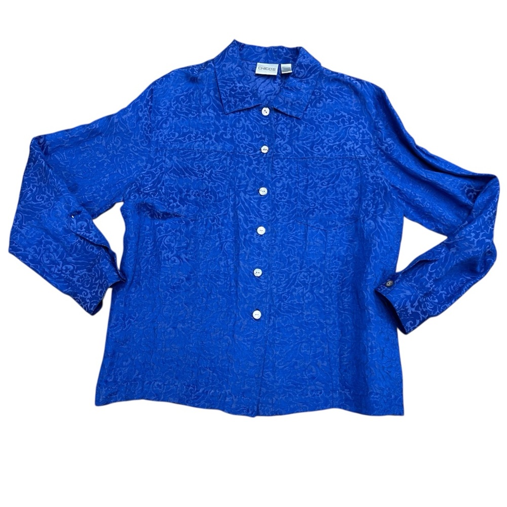 Chicos Linen Silk Blend Button Up Shirt Blue Size 2 Relaxed Fit Beach Resort